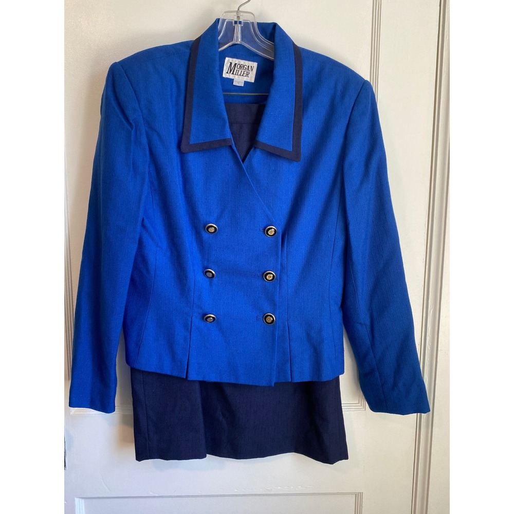 Morgan Miller Vintage Royal Blue Skirt Suit Double Breasted Blazer Set Size 12